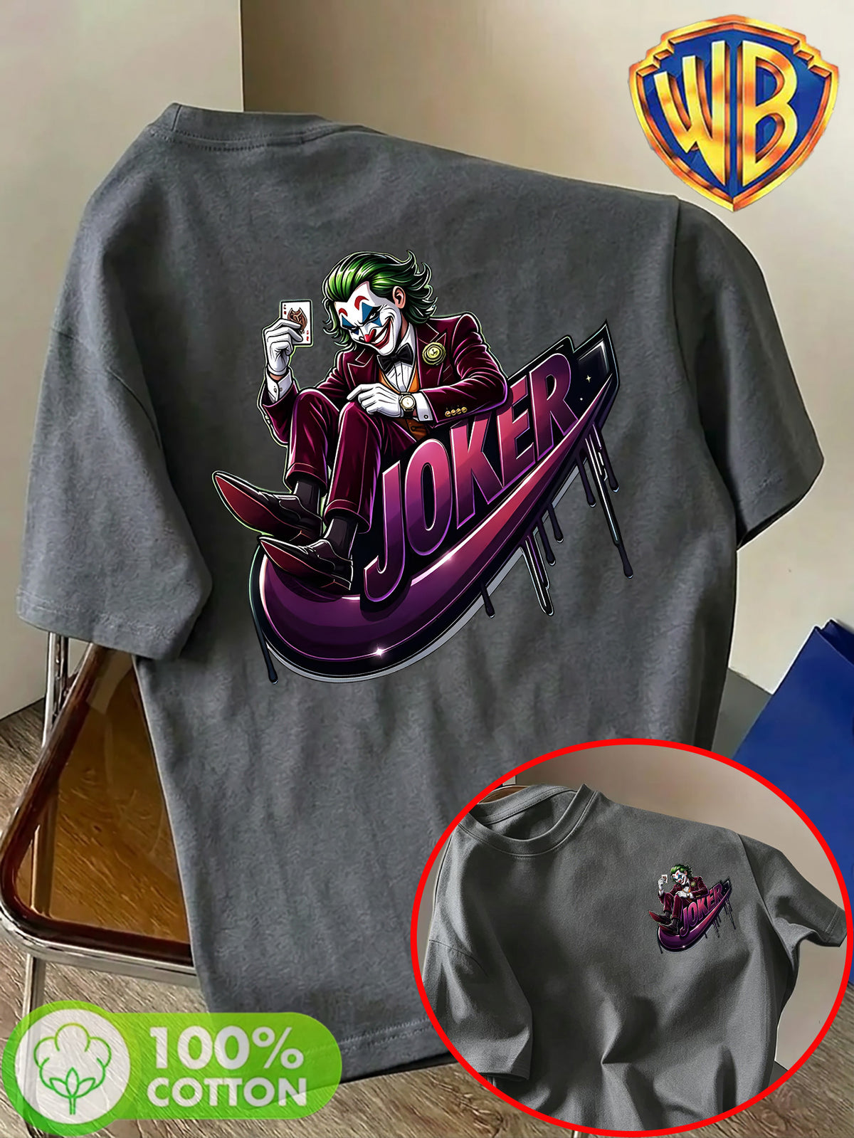Warner Bros. Official Unisex Summer Loose-Fit Crew Neck Short-Sleeve T-Shirt, Suitable for Daily Commutes, Street Outings, City Trips, and Friend Gatherings. Features a Large Burgundy Suit-wearing Joker Sitting on Purple Graffiti Sneakers - Dark Gray