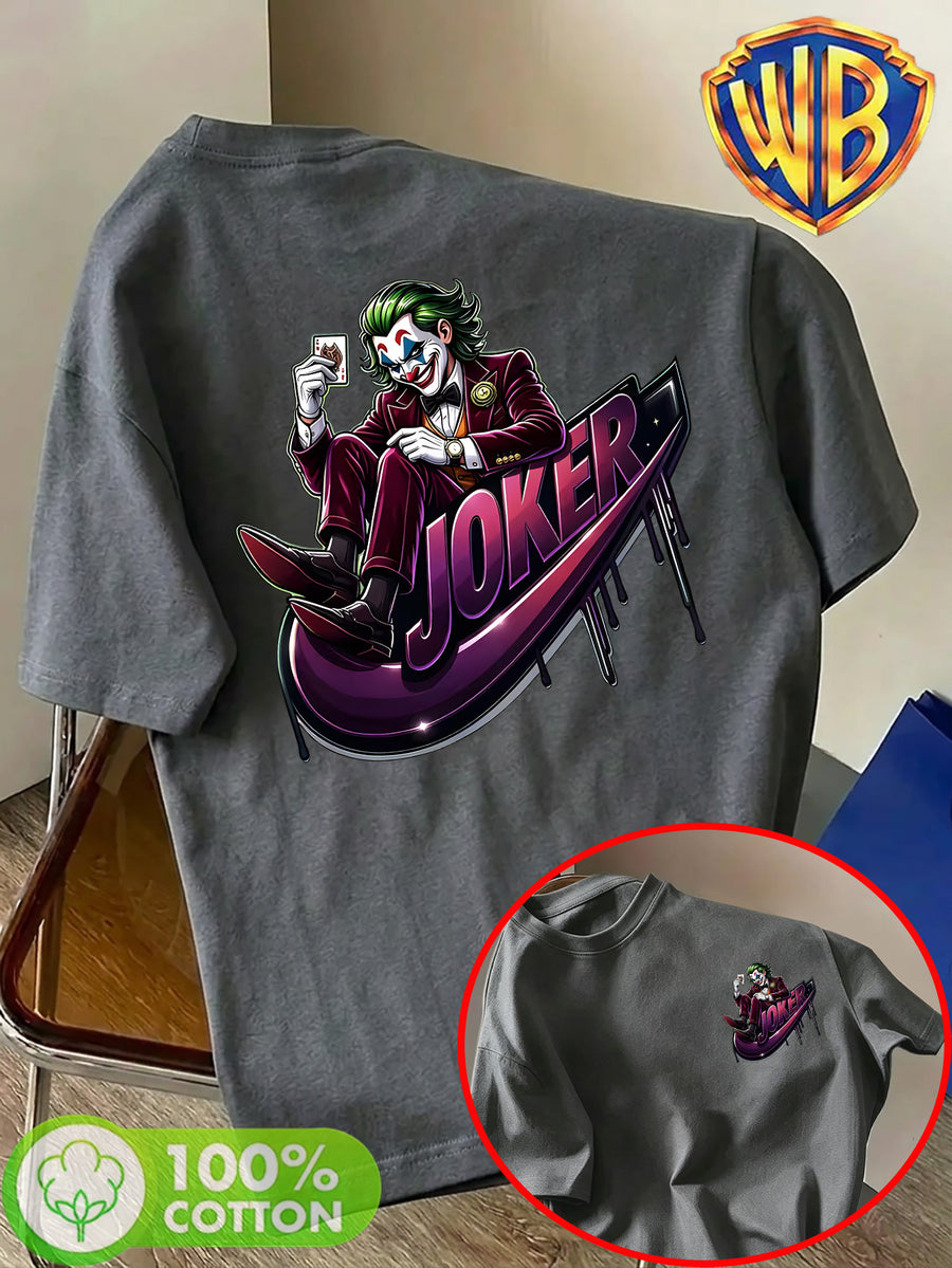 Warner Bros. Official Unisex Summer Loose-Fit Crew Neck Short-Sleeve T-Shirt, Suitable for Daily Commutes, Street Outings, City Trips, and Friend Gatherings. Features a Large Burgundy Suit-wearing Joker Sitting on Purple Graffiti Sneakers - Dark Gray