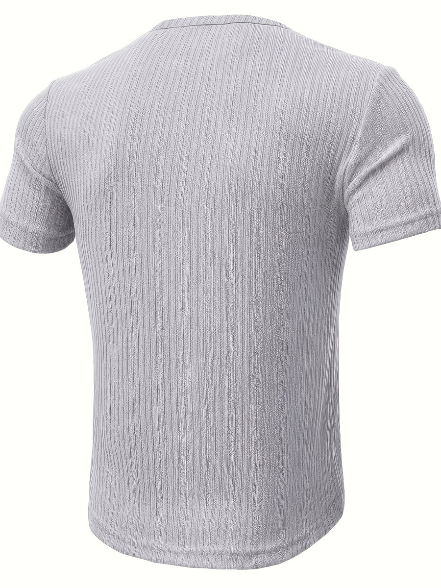 Men'S Ribbed Texture Henley Short Sleeve, All-Over Print Summer Slim Fit Casual T-Shirt - Gray 9