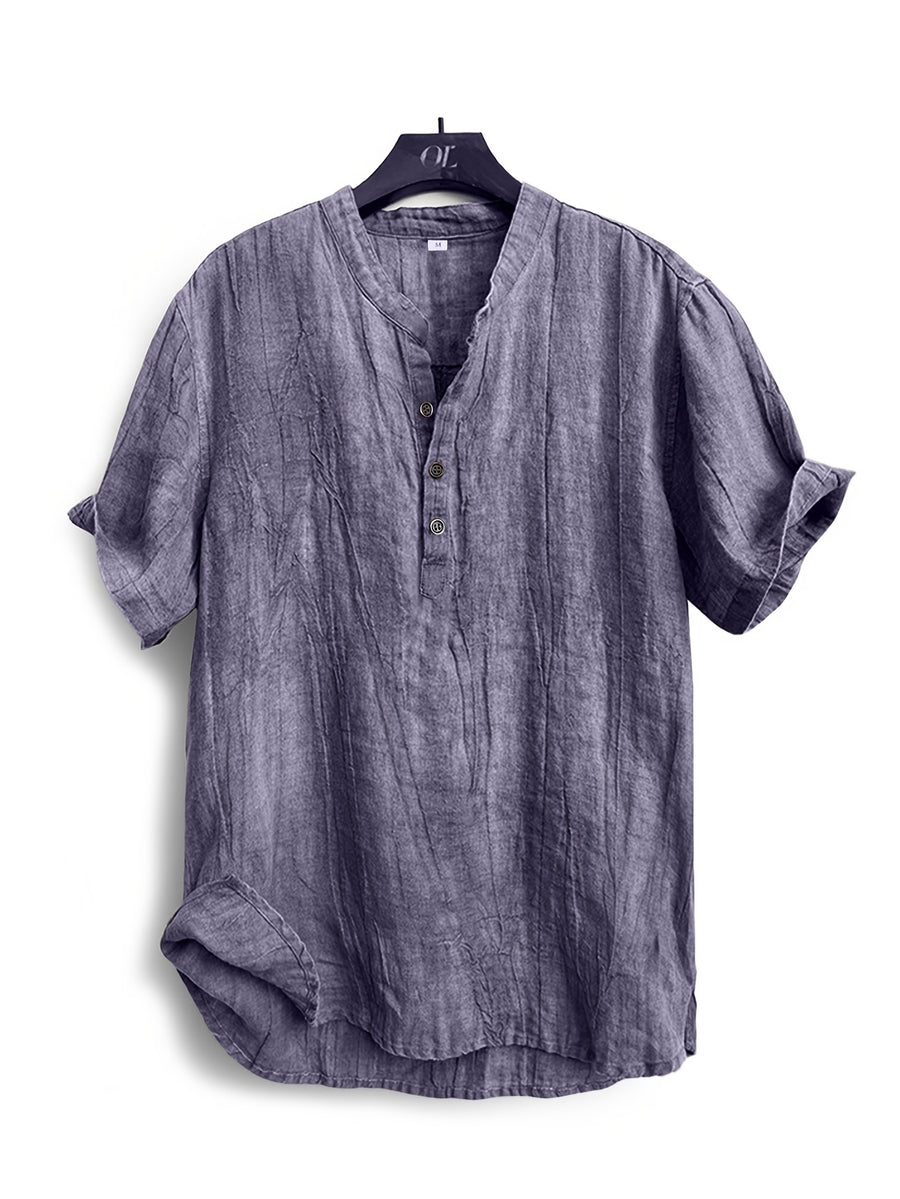 Men'S Summer Casual Henley Shirt, Preppy Style Thin Stand-Up Collar Short Sleeve T-Shirt, Retro Crinkle Ramie Pullover Men'S Top - Purple