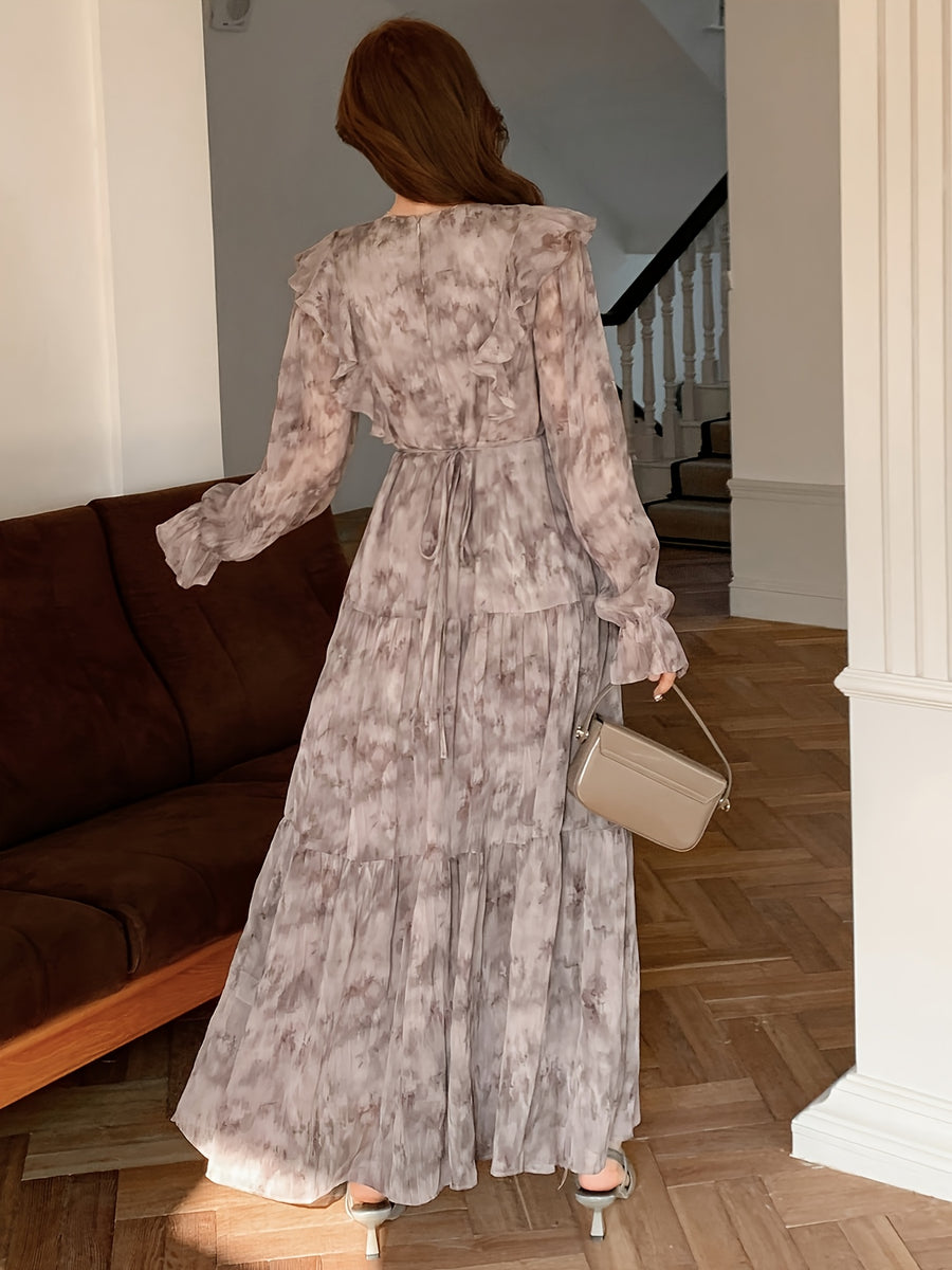 Forest Style Gentle Gray-Purple Ombre Ruffled Long Sleeve V-Neck Bridesmaid Dress, Women'S Layered Full Skirt Long Dress, Suitable for Afternoon Tea, Weekend Outings, Outdoor Picnics - Rose Brown
