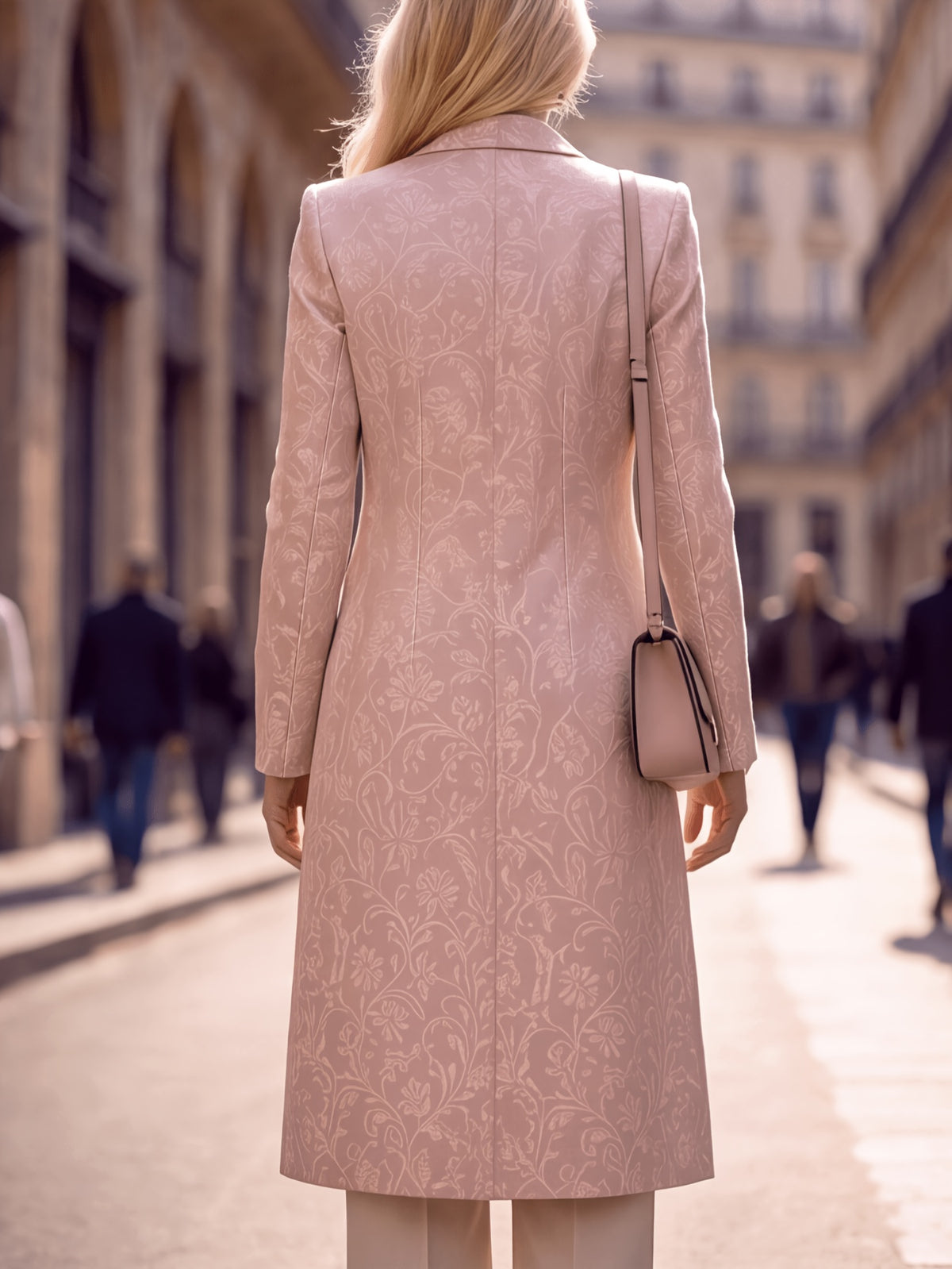 Women'S Spring Autumn New Vintage Printed Long Blazer, Double-Breasted Coat with Lining And Pockets - Sakura Pink