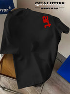 Men'S Fashion Short Sleeve T-Shirt, Minimalist Red Letter Pattern Print, Casual Regular Knit Tee, Suitable for Daily Wear, Couple Style, Unisex, Summer New Arrival, Versatile Style - Black