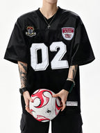Men'S Casual Sports T-Shirt American Retro V-Neck Digital Sports Style T-Shirt Summer Loose Casual Street Jersey in Stock - Black