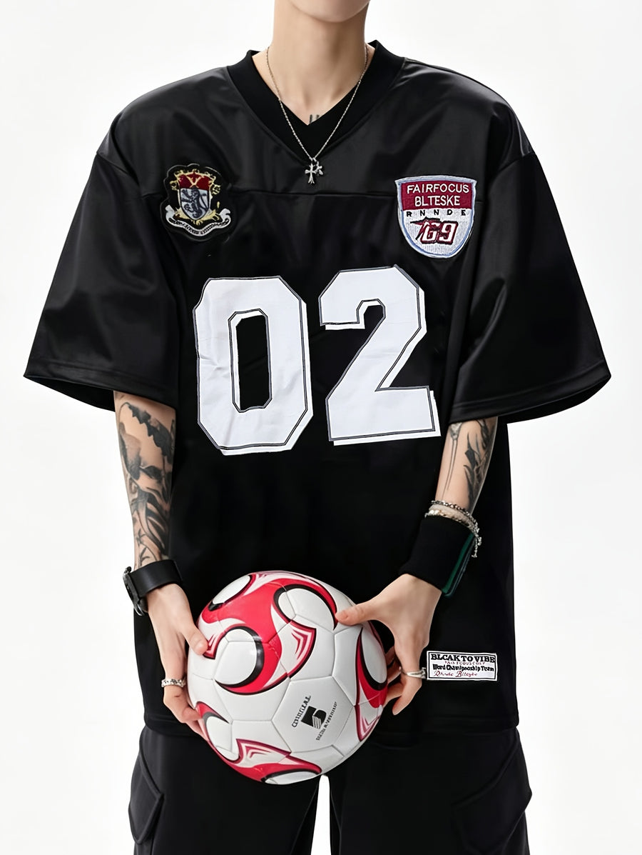 Men'S Casual Sports T-Shirt American Retro V-Neck Digital Sports Style T-Shirt Summer Loose Casual Street Jersey in Stock - Black