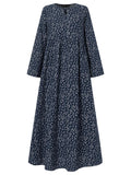 Plus Size, Plus Size Women Floral Print Maxi Dress Oversized Long Sleeve Crew Neck Vintage Holiday Casual Loose Long Dresses - Black