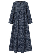 Plus Size, Plus Size Women Floral Print Maxi Dress Oversized Long Sleeve Crew Neck Vintage Holiday Casual Loose Long Dresses - Black