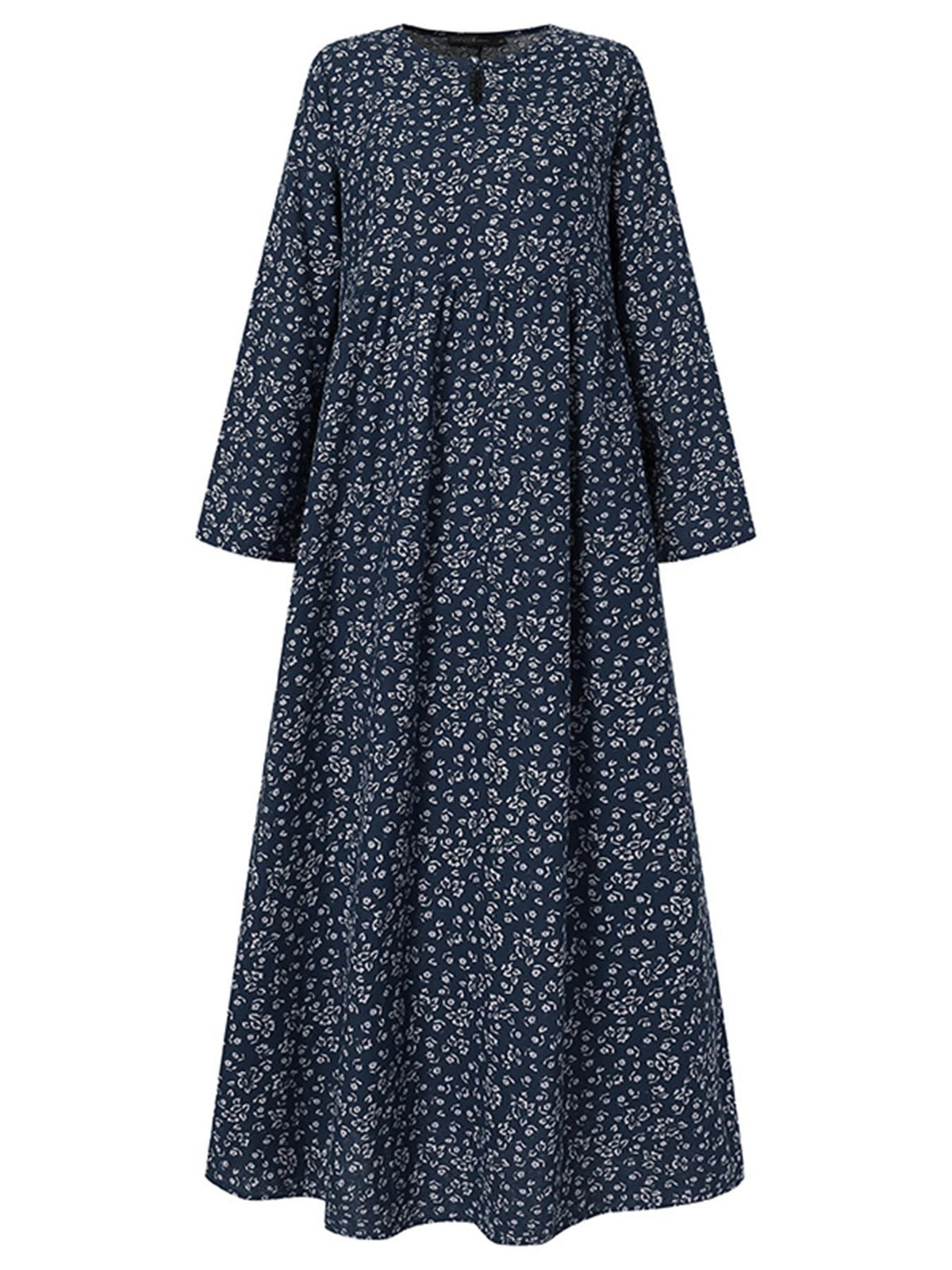 Plus Size, Plus Size Women Floral Print Maxi Dress Oversized Long Sleeve Crew Neck Vintage Holiday Casual Loose Long Dresses - Black