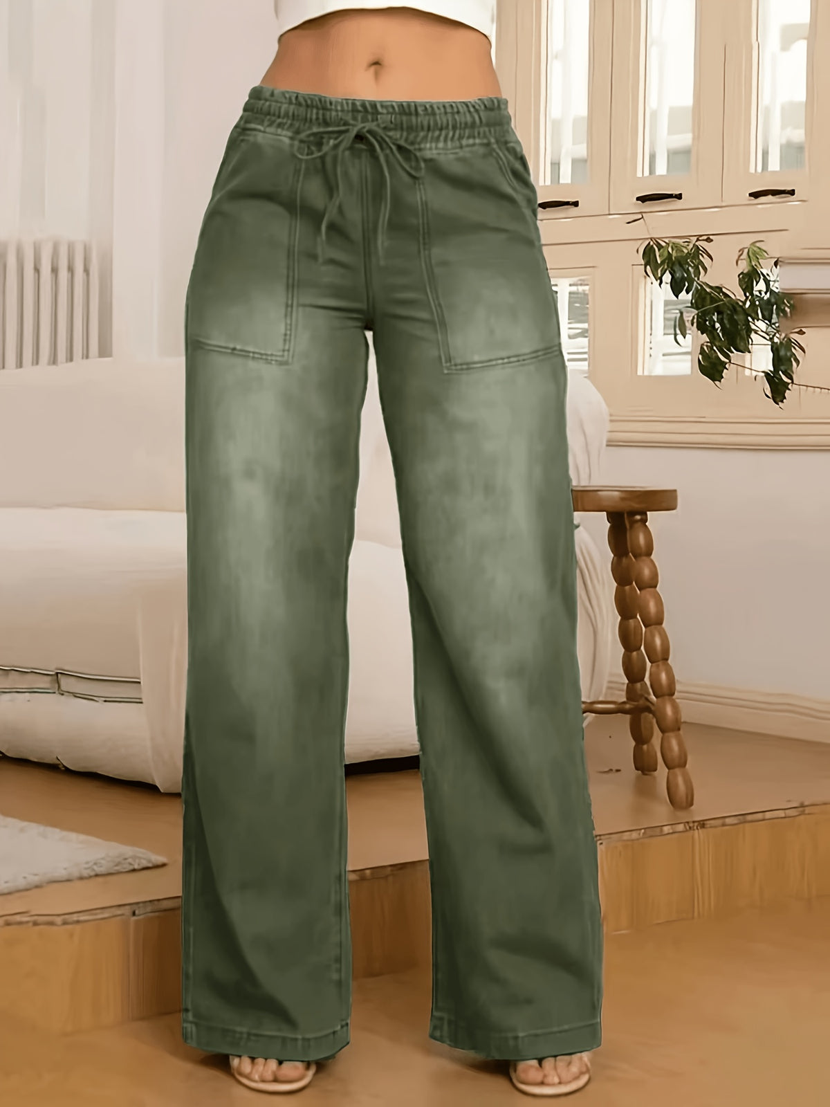 9022# New Women's Vintage Washed Olive Green Stretch Waistband Casual Versatile Jeans, Slim Fit Straight-Leg Denim Pants - Olive Green