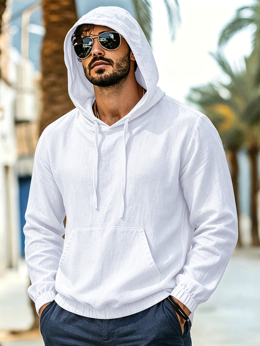 Men's New Spring/Autumn Linen Hooded T-Shirt, Suitable for Commuting, Parties, Outings, Travel, and Sports, Lightweight and Stylish Sweatshirt - White