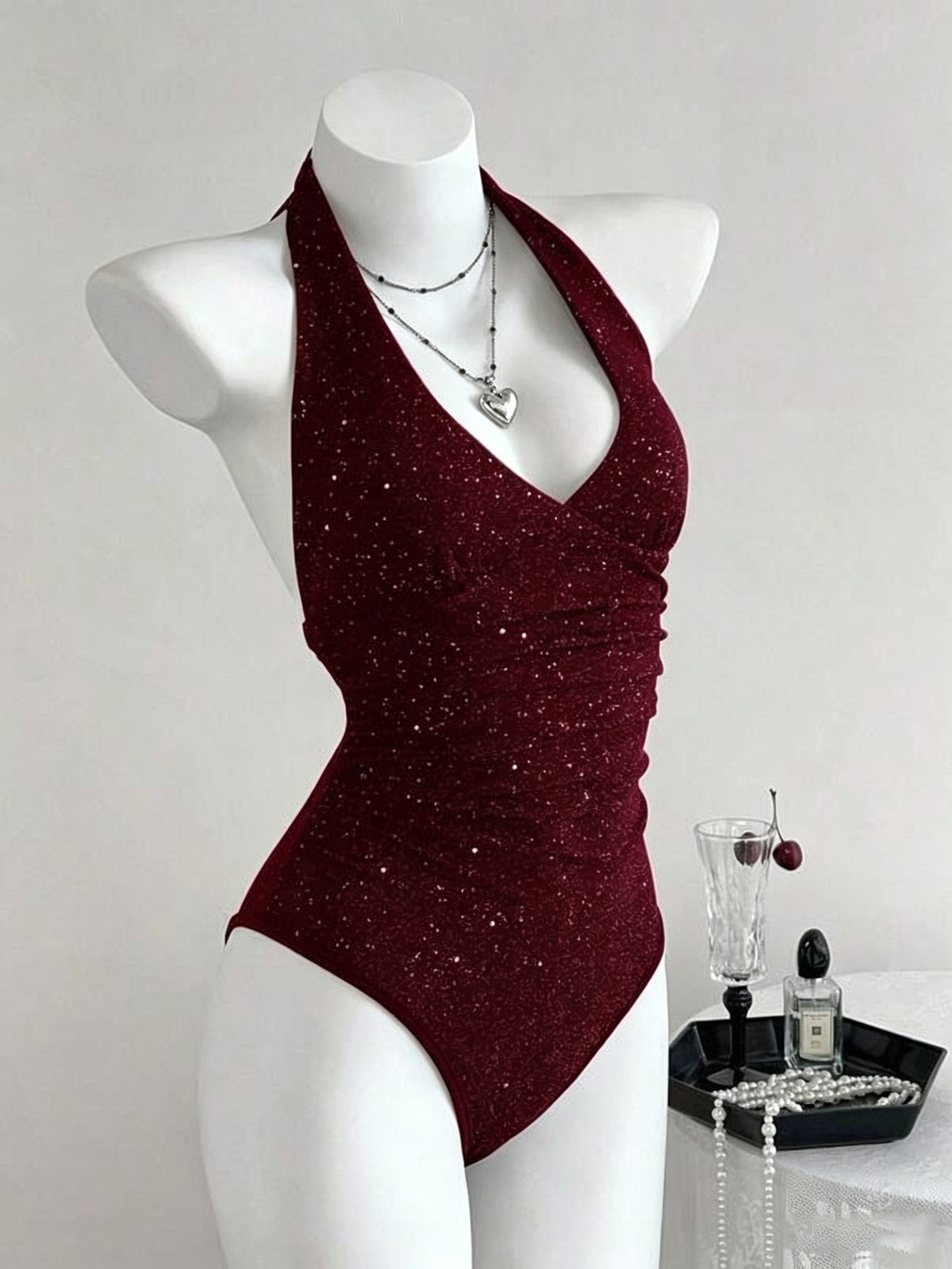 Women'S Summer New Easy Fashion Sexy Sequined Design Solid Color V-Neck Halter Neck Fitted Bodysuit - Burgundy