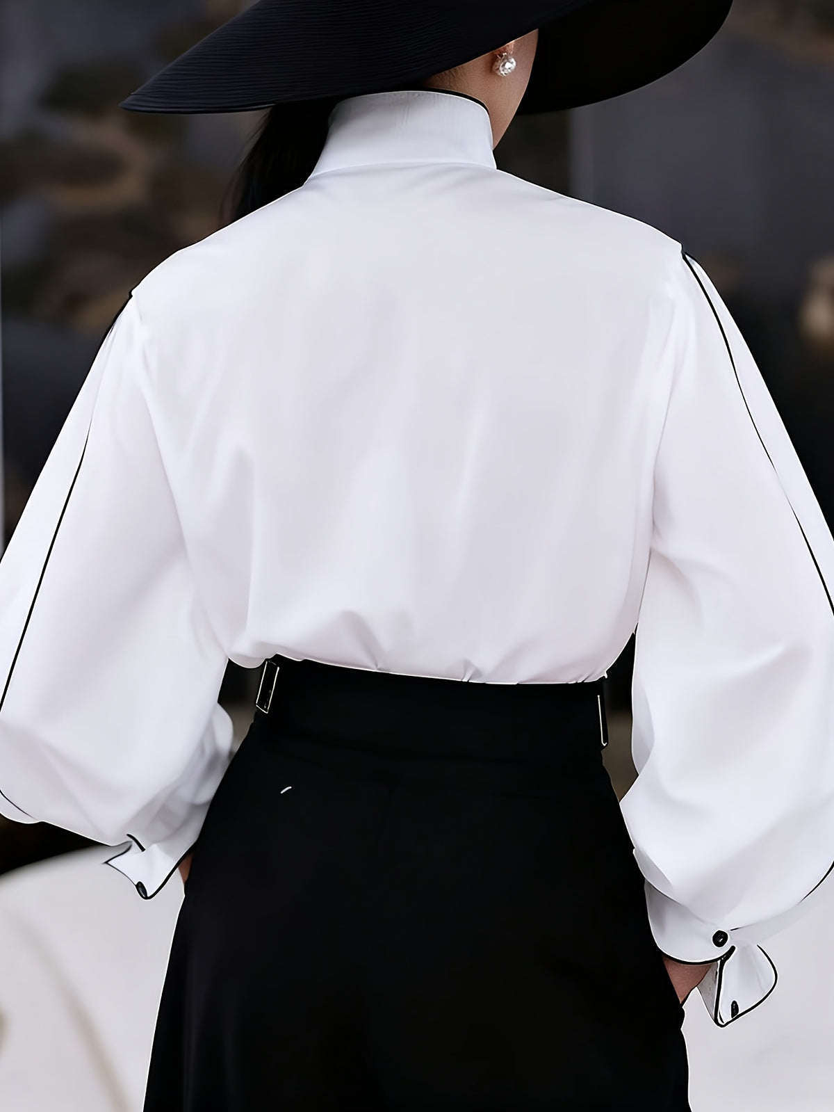 Elegant French Retro Color Block Stand Collar Open Front Lantern Sleeve Shirt Spring/Summer Loose Long Sleeve Top Suitable for Leisure, Office, Daily Life, Vacation, Etc. [ZLLZ] - White