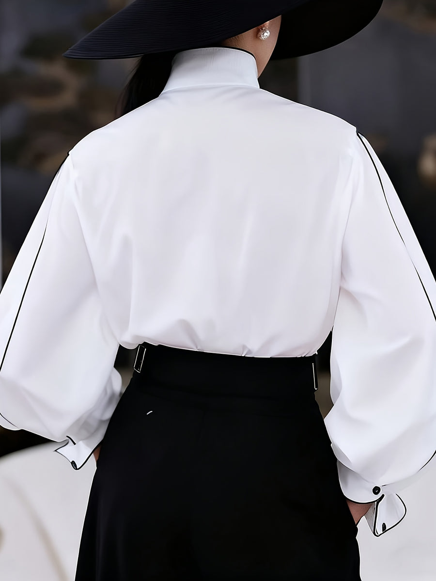 Elegant French Retro Color Block Stand Collar Open Front Lantern Sleeve Shirt Spring/Summer Loose Long Sleeve Top Suitable for Leisure, Office, Daily Life, Vacation, Etc. [ZLLZ] - White