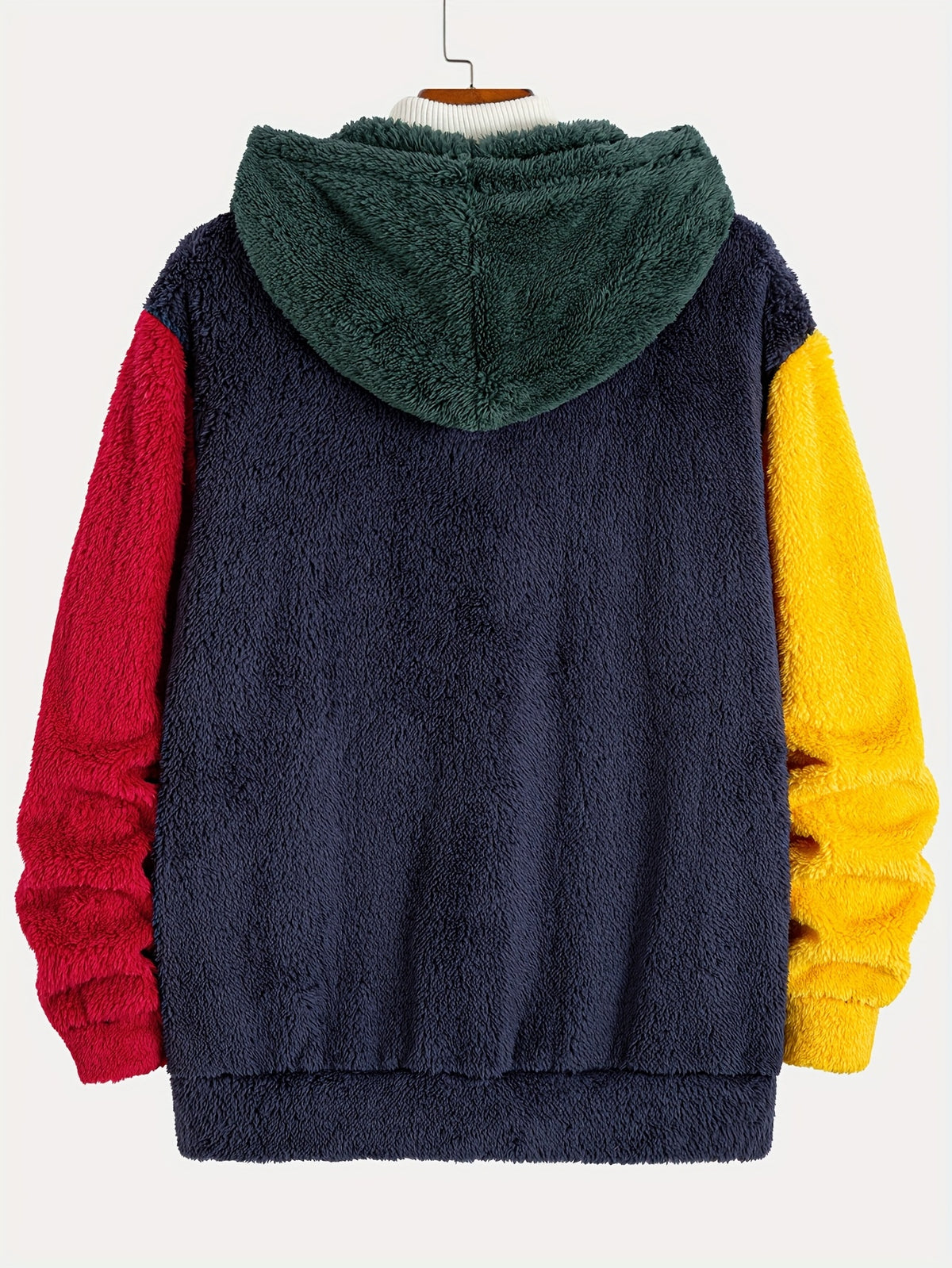 Men's Colorful Plush Hooded Zip-Up Sweatshirt Jacket with Contrast Patch Embroidery, Warm and Thickened for Autumn/Winter - Dark Green