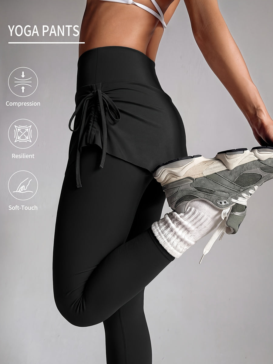 Women'S Faux Two-Piece Pants, Easter New Style Trousers, Tie-String High-Waist Pleated Design, Breathable Comfortable Fabric, Suitable for Cycling, Fitness - Black