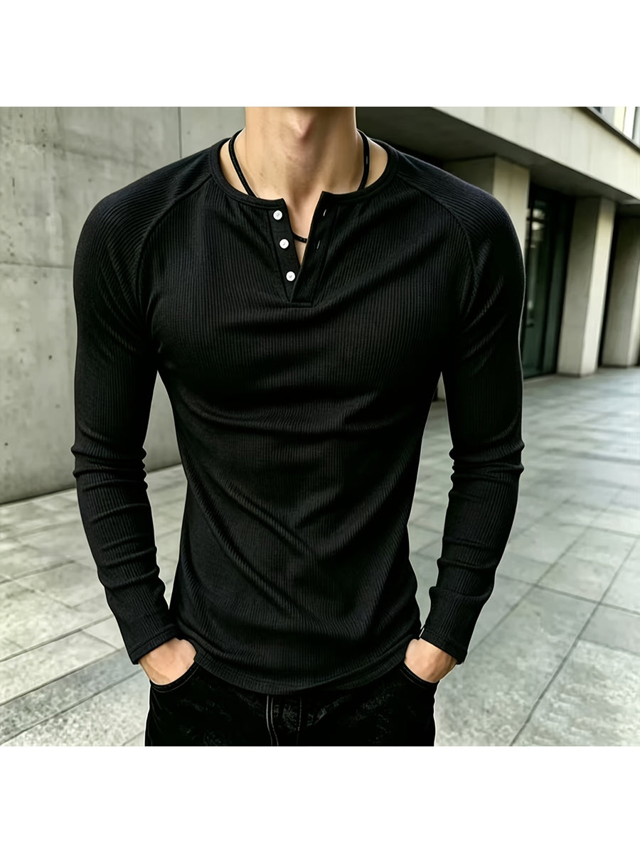Men Long Sleeve Henley T-Shirt, Loose Trendy Brand Designed Top, Vertical Ribbed Knit Pullover, Breathable Comfort Fashion Casual Tee, Raglan Sleeve Half Button Placket Shirts for Daily Outfits - Black