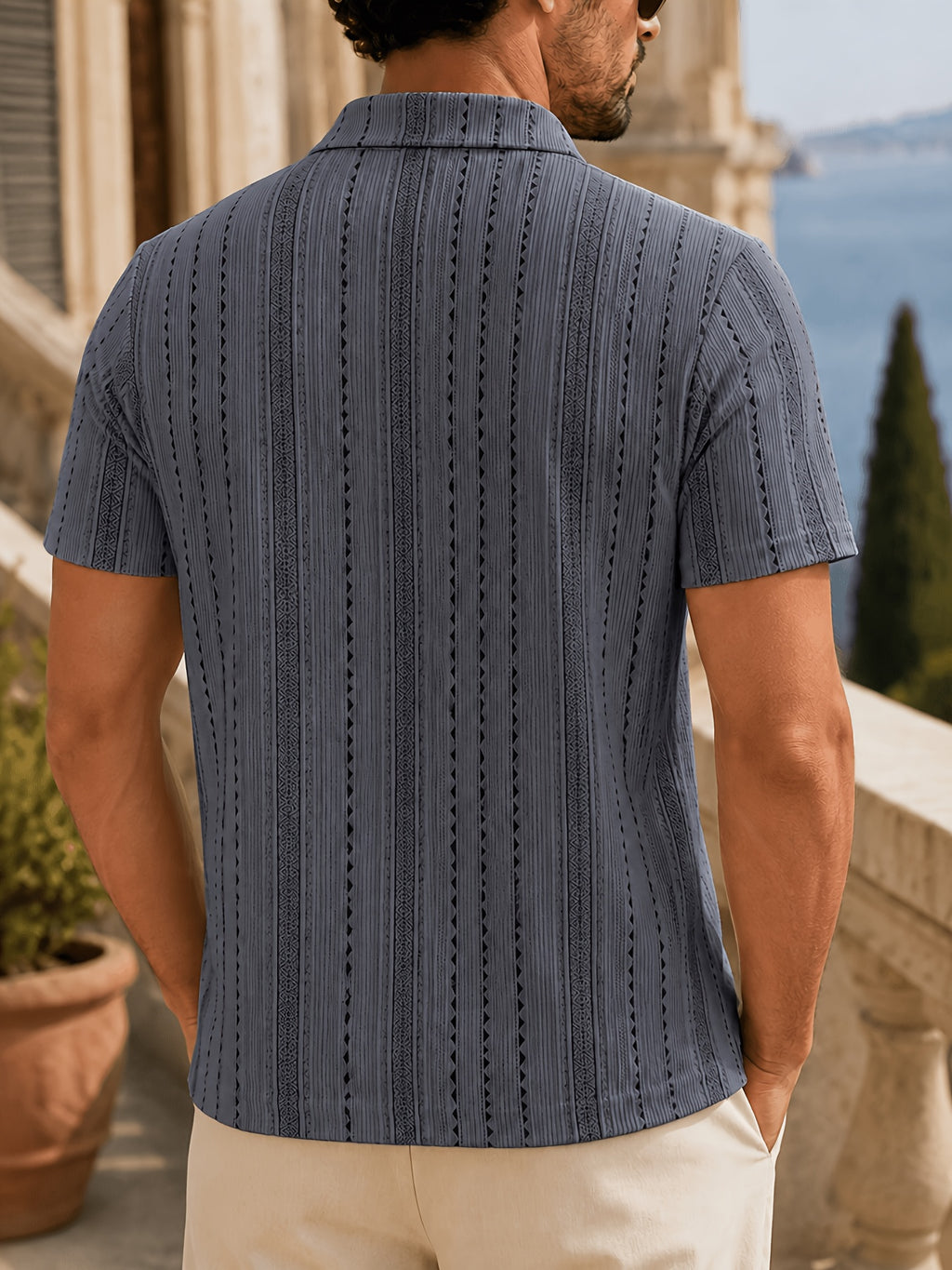 Men's Summer Knit Polo Shirt, Fashion Vertical Jacquard Stripe, Half-Zip Geometric Texture, Suitable for Trips, Business Occasions & Evening Dates - Men's Knit Polo Shirt (Dark Gray)