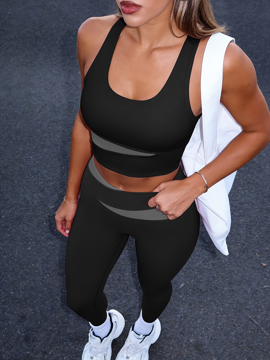Women's 2pcs Set: Color-Block Bra and High-Waist Leggings, Street Style with an Instagram Vibe, Suitable for Daily Wear and Casual Gatherings. Recommended to Size Up. - Black+black
