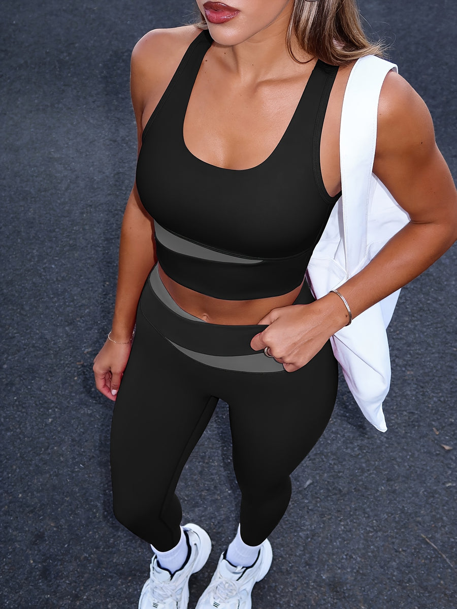 Women's 2pcs Set: Color-Block Bra and High-Waist Leggings, Street Style with an Instagram Vibe, Suitable for Daily Wear and Casual Gatherings. Recommended to Size Up. - Black+black