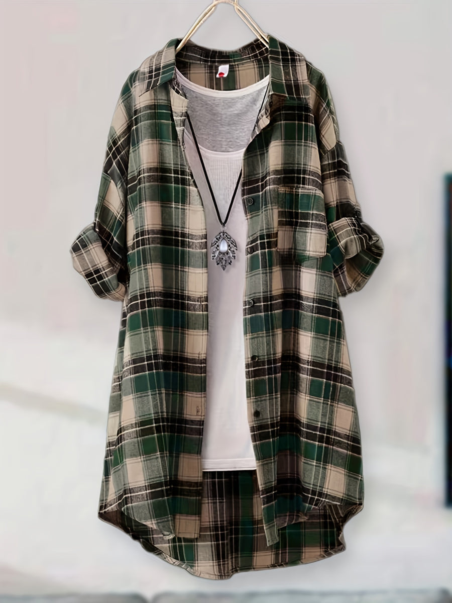 Mid-length Loose-fit Casual Plaid Shirt - Green