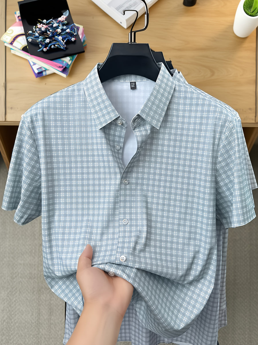 Summer Men's Ice Silky Fiber Fabric Short-Sleeve Shirt, Completely Seamless, Wrinkle-Free, Iron-Free, Business Casual, Cool, Wrinkle-Resistant, High-End and Elegant, Birthday Gift - Light Green