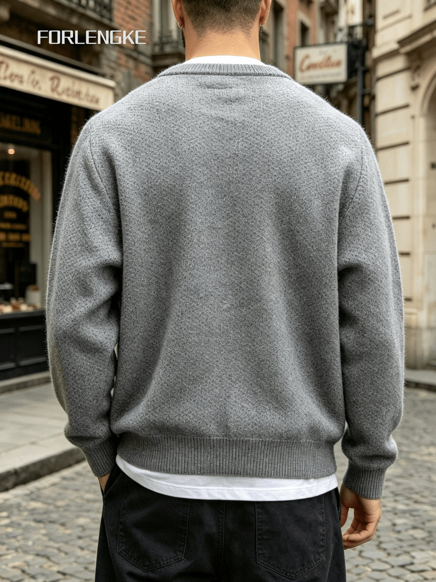 FORLENGKE Autumn Winter Men'S Retro Round Neck Knit Cardigan Heavyweight Hollow Texture Blue Button Loose Sweater Trendy Street Casual All-Match Long Sleeve Top Jacket - Light Grey