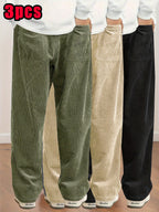 3pcs Women's Straight-Leg Corduroy Casual Pants, Thin Spring/Autumn Fashion Drawstring Waist Trousers for Daily Wear and Dating - Green+Khaki+Black