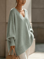 Plus Size - French Casual Style Plus Size V-Neck Sweater Women'S Loose Batwing Sleeve Solid Soft Pullover Sweater Autumn Winter Premium Top - Matcha Color