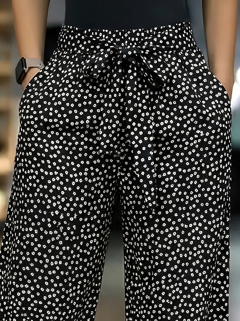 Floral Print Drawstring Wide-leg Casual Pants - Black