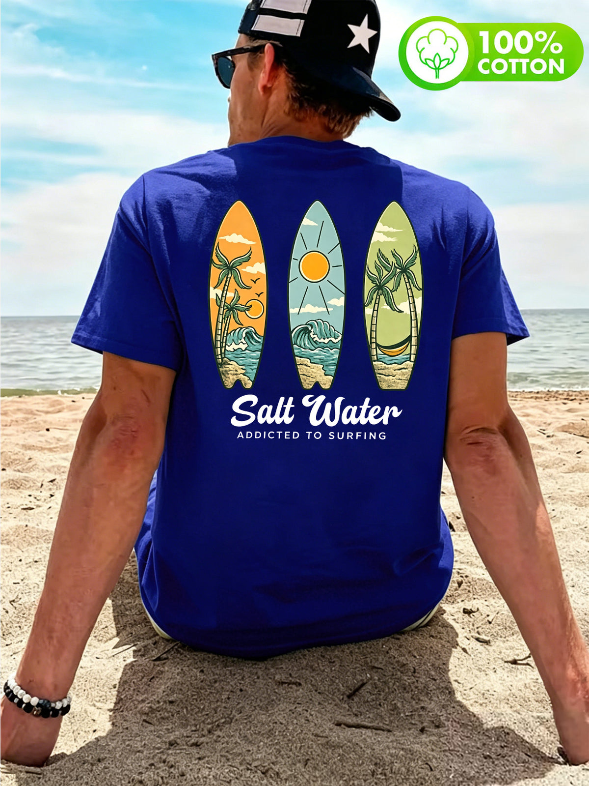 Men'S 100% T-Shirt, "Salt Water" Vintage Surfboard Front And Back Print Design, Casual Trendy Street Sport Short Sleeve T-Shirt Summer New Style, Round Neck Short Sleeve Summer Top, Casual Street Style, Suitable for Summer Daily Outdoor Wear - Royal Blue