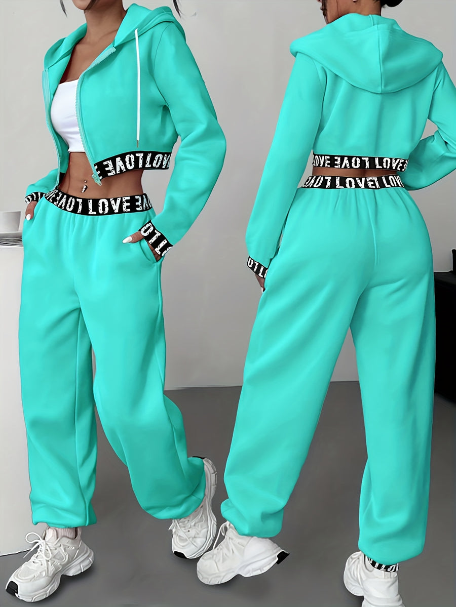 Women's 2pcs Set, Zipper and Hood Autumn/Winter Casual Women's Jacket + Pants, Regular Clothing, Daily Wear, Fashion Apparel, Stylish Swear, Soft Fabric, Comfortable Clothing, Matching Series, Women's Swear, Women's Collection - Cyan