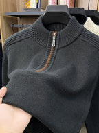 Men'S Thickened Semi-Open Zipper Stand Collar Knit Sweater, Ribbed Cuffs And Hem, Autumn/Winter Style, Single Wear And Layering, Light Mature Business Casual Style - Gray Green