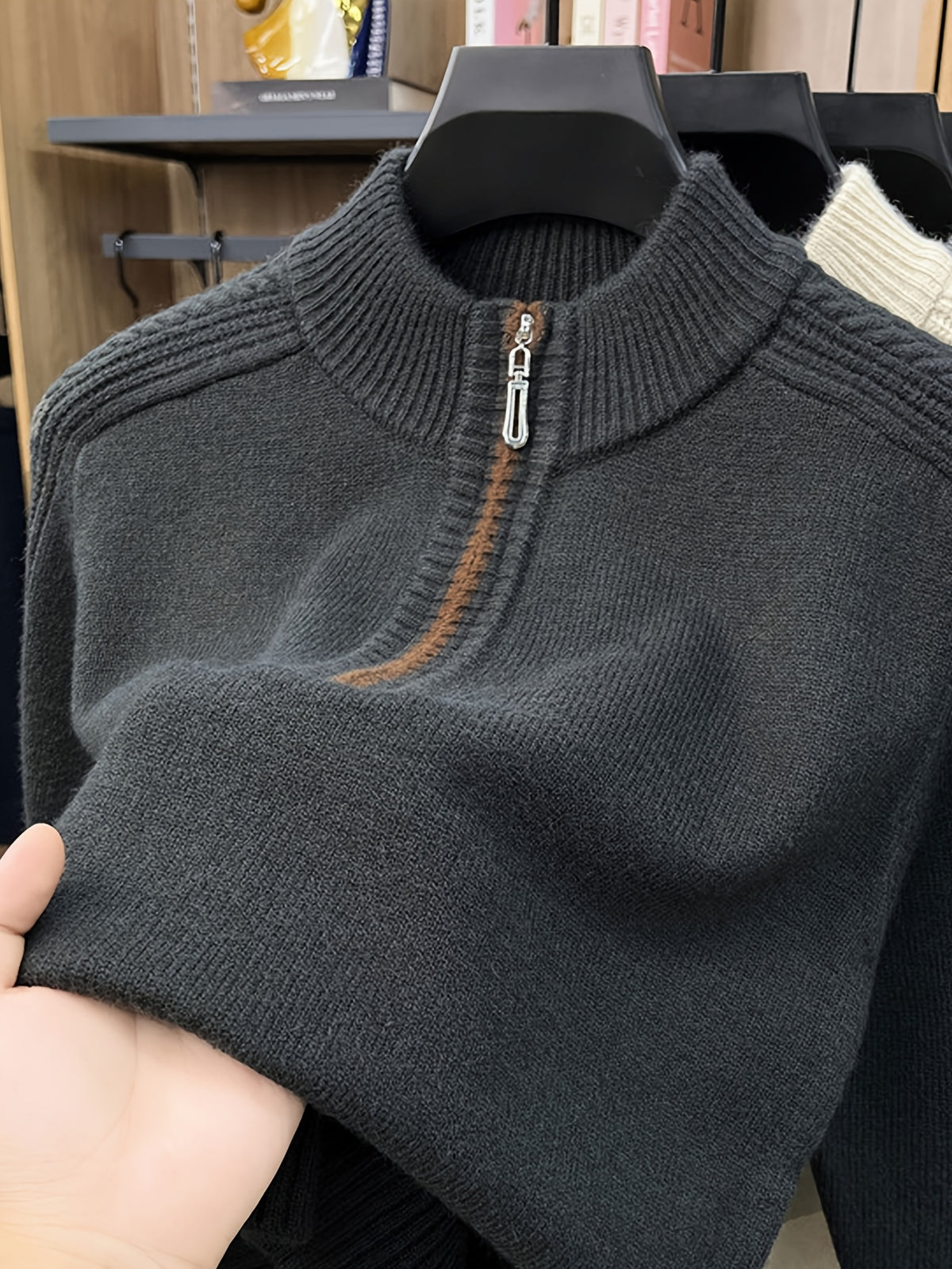 Men'S Thickened Semi-Open Zipper Stand Collar Knit Sweater, Ribbed Cuffs And Hem, Autumn/Winter Style, Single Wear And Layering, Light Mature Business Casual Style - Gray Green
