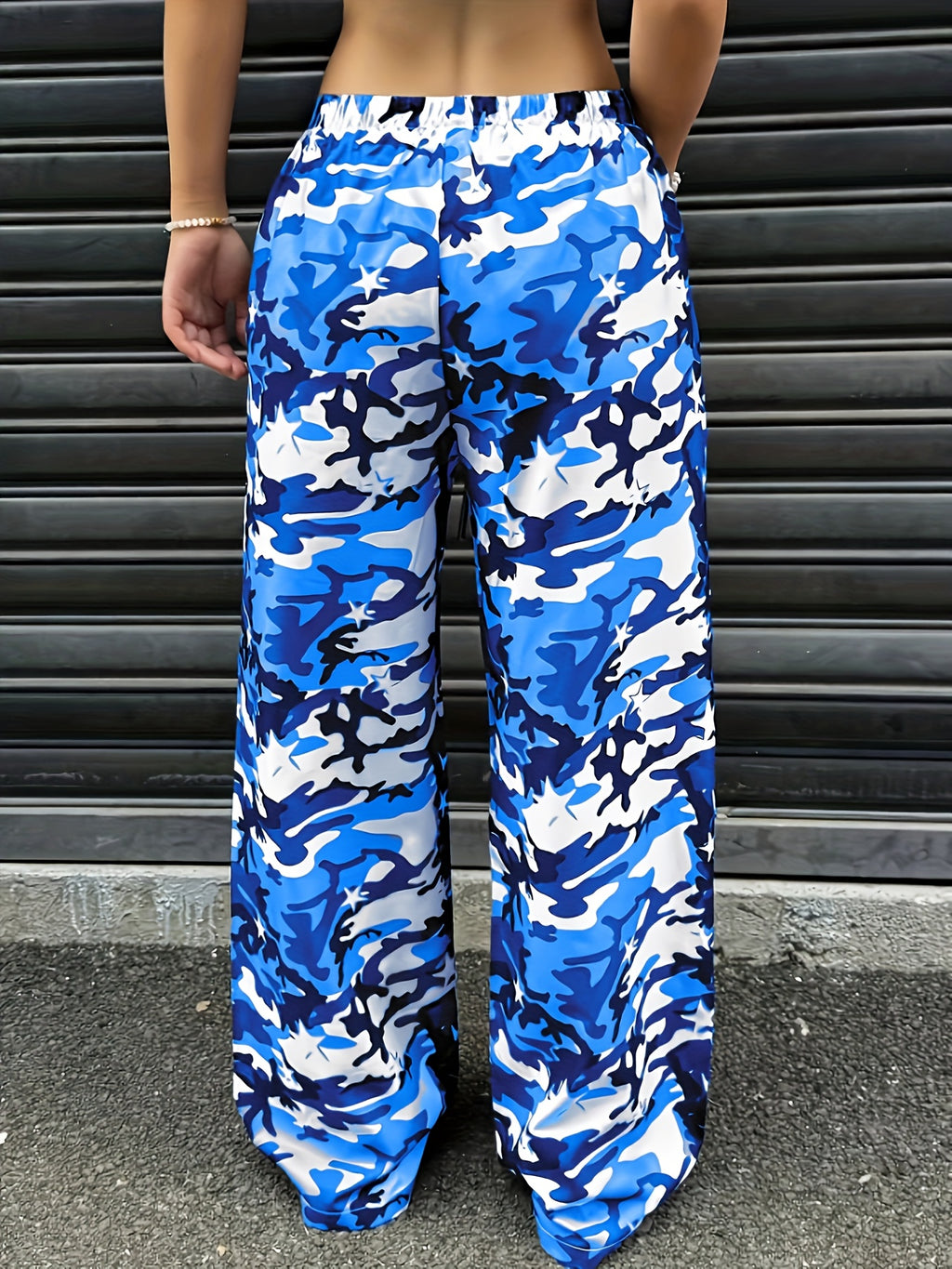 YY0720291 Women'S Casual Camo Print Drawstring Wide-Leg Pants - Blue