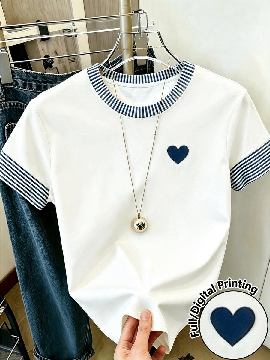 New Summer Women's T-Shirt, Round Neck Casual Apparel, Women's Pullover, Casual Commuter Wear, Daily Outing Base Layer, Simple Small Heart Pattern Print, Energetic and Lively, Streetwear, Outing Outfit, Basic Versatile Piece, As a Gift - White