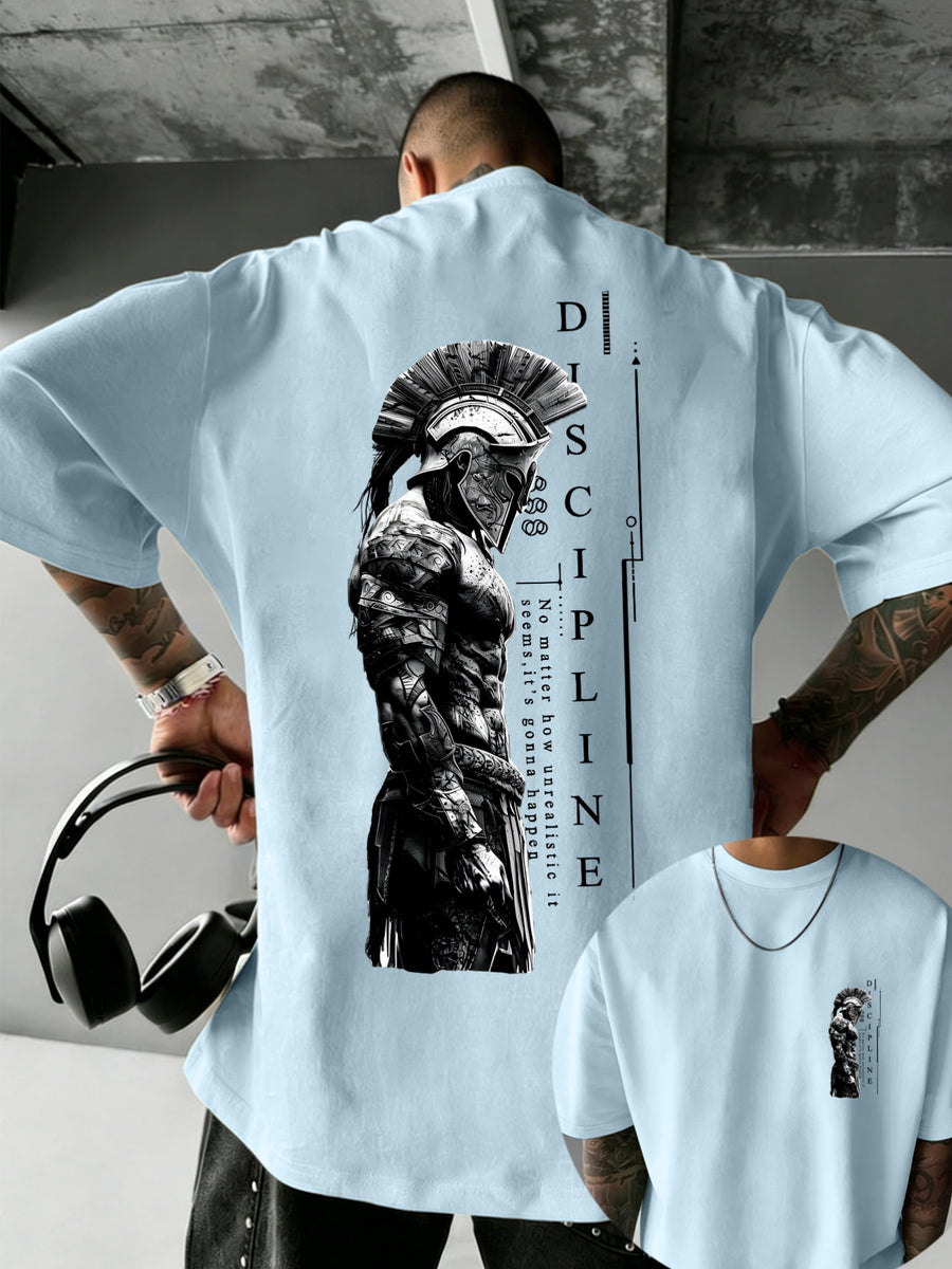 Men'S 100% T-Shirt, Spartan Warrior Discipline Print, All-Season Wear, Casual Sporty Comfortable Breathable - Light Blue Color