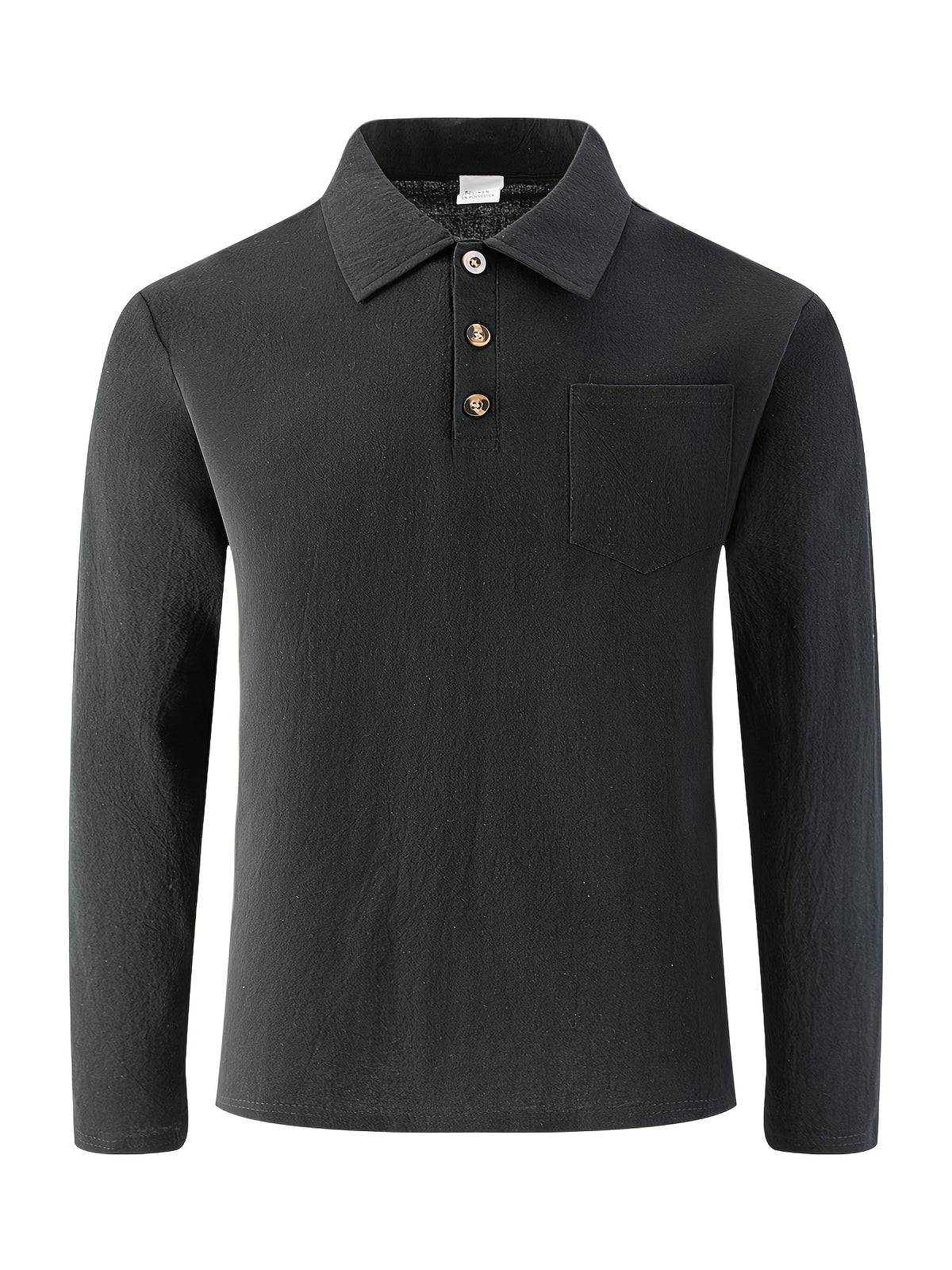 Men's Linen Long Sleeve Polo Shirt, Henley Button Placket Collared Top with Chest Pocket, Lightweight Breathable Casual Shirt for Daily Beach Vacation Wea - Black
