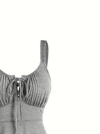 Casual Solid Color, Front Cross Straps with Eye Hook Design, Retro Bust Contour, Short Front Long Back Comfortable Casual, Home, Vacation Dress, Targeted Development - Grey