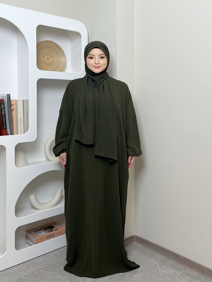 IRONFREE Elegant Crepe Hooded Abaya Hijab with Attached Scarf & Pockets - Modest Long Sleeve Full Coverage Prayer Dress, Machine Washable Medium Stretch Solid Color All-Season Traditional Muslim Women's Clothing, Muslim Clothes, Modest Apparel, Medium - fern green