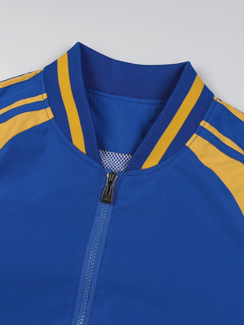 Men's Spring/Autumn Color-Block Striped Lightweight Jacket with Mesh Lining, Casual Outerwear, Outdoor Sports Baseball Jacket, Raglan Sleeve Design, Cropped Style - Klein Blue with Yellow