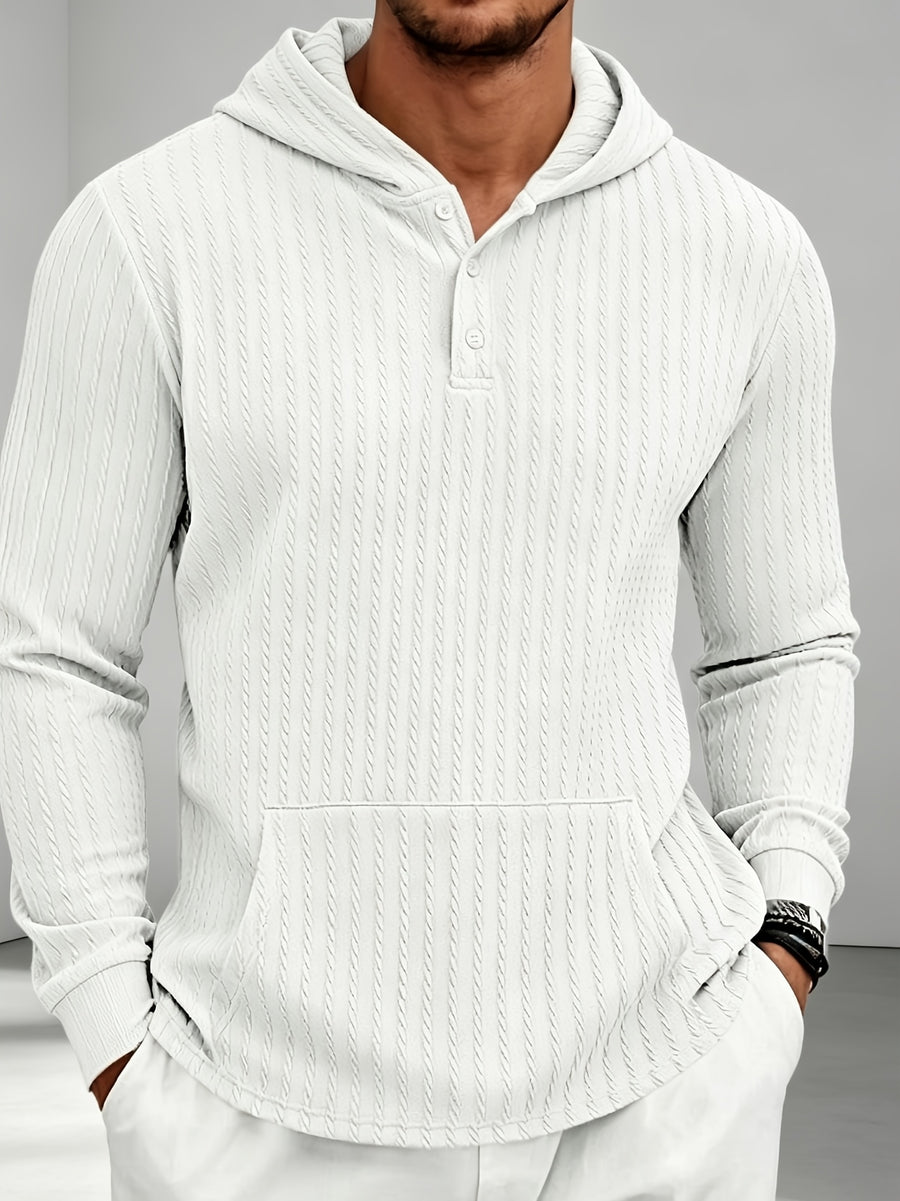 New Men'S Textured Jacquard Hooded Sweatshirt, Henley Button-Front Pouch Kangaroo Pocket Loose Stretch Long Sleeve Casual Top - White