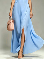 New Spring/Summer 2026 Small Round Neck Fashionable Split Versatile Women's Dress - Blue