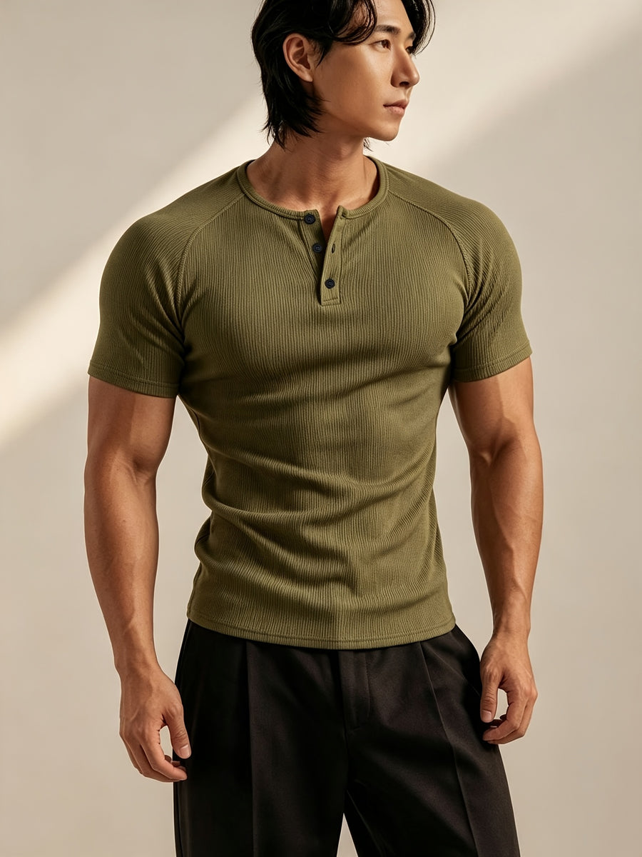 Men's Vertical Ribbed Pin Stripe Henley Neck Short Sleeve T-Shirt, Slim Fit Muscle-Defining Shaping Top, Stretchy Breathable Ribbed Raglan Sleeve Knitwear, Versatile Henley Shirt for Fitness, Commuting, and Daily Wear - Olive Green