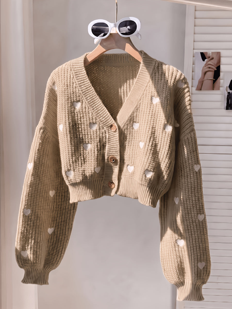 Women's Cardigan with Embroidered Heart, Contrast Color Pattern, V-Neck, Cropped Style, Button-Up Outerwear; Red Cropped Cardigan with Heart Embroidery, Long Sleeves, V-Neck, Versatile Girly Style Jacket Top - Camel