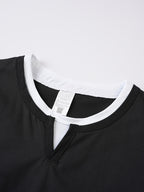 American-style Minimalist Color-Block White-Trimmed Henley Shirt for Men, Versatile Commuting Breathable Thin Short-Sleeve Base Layer Top, Summer Color-Block V-Neck Solid Color T-Shirt, Casual Short Sleeve - Black