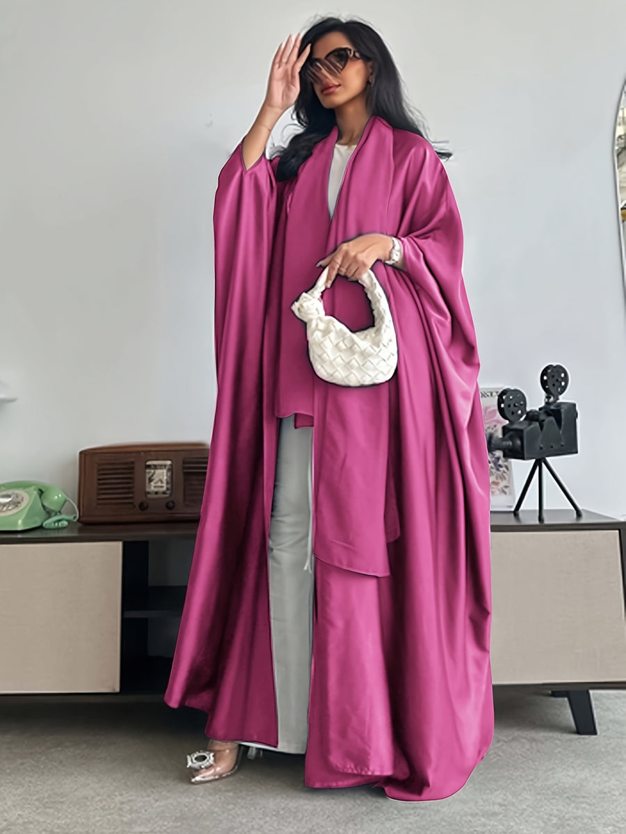 Middle Eastern Muslim Solid Color Loose Robe with Batwing Sleeves, Long Dubai Cardigan with Headscarf - Rose Red