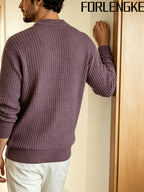 FORLENGKE Men's Waffle Knit Crewneck Sweater, New Autumn and Winter Solid Color Textured Knit Pullover with 3D Patterns, Casual and Commuter-Friendly, Simple and Versatile, Available in Multiple Colors, Suitable for Wearing Alone or Layering - Purple