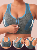 Plus Size Women'S Solid Color Wire-Free Front Zip Sports Bra, Gathering Fit Comfortable Breathable Casual Athletic Style, Suitable for Running, Fitness, Yoga, Outdoor Activities, And All Seasons - Blue