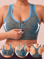Plus Size Women'S Solid Color Wire-Free Front Zip Sports Bra, Gathering Fit Comfortable Breathable Casual Athletic Style, Suitable for Running, Fitness, Yoga, Outdoor Activities, And All Seasons - Blue