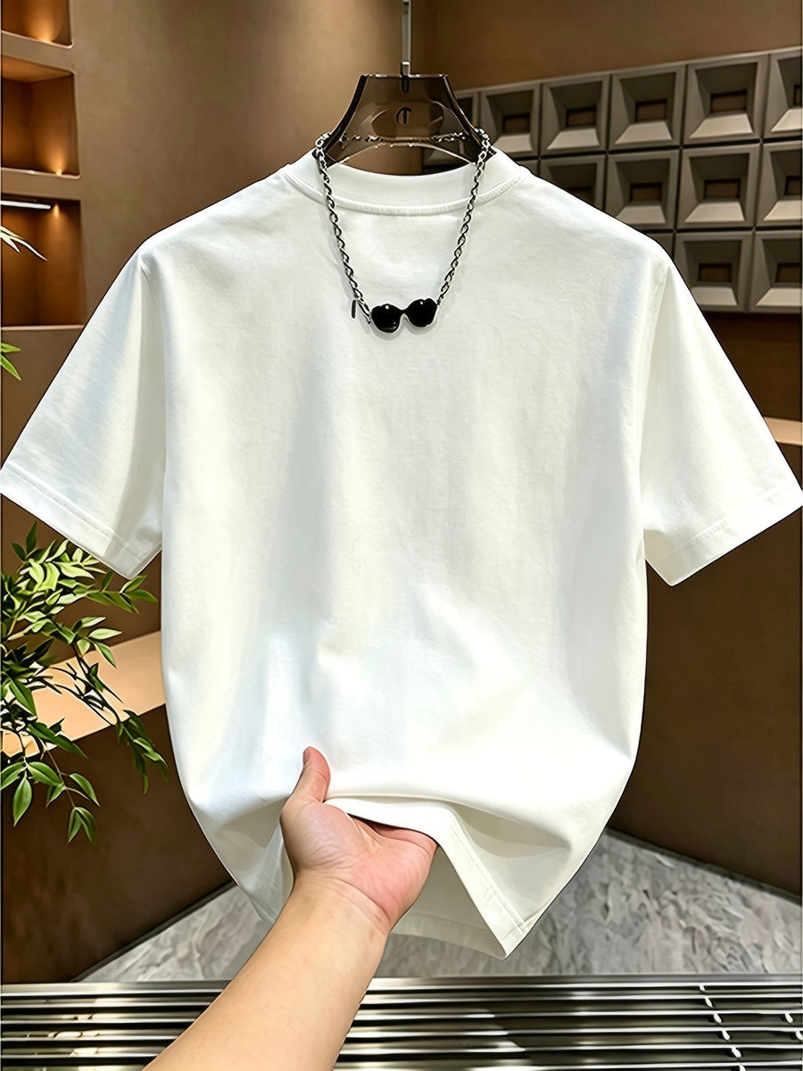 Men's New Summer Apparel, Unique and Distinctive Chest Pocket Pure Color Short Sleeve T-Shirt, Crew Neck, Elegant Gentleman's Trendy Tee - White
